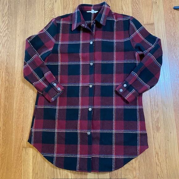 BB Dakota Womens Size Large Flannel Red Black Plaid Shirt Jacket Snap Closure - Picture 1 of 9